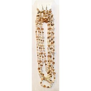 VINTAGE Brown Tan Beige Multi Strand Glass Beaded Necklace And Earrings Set